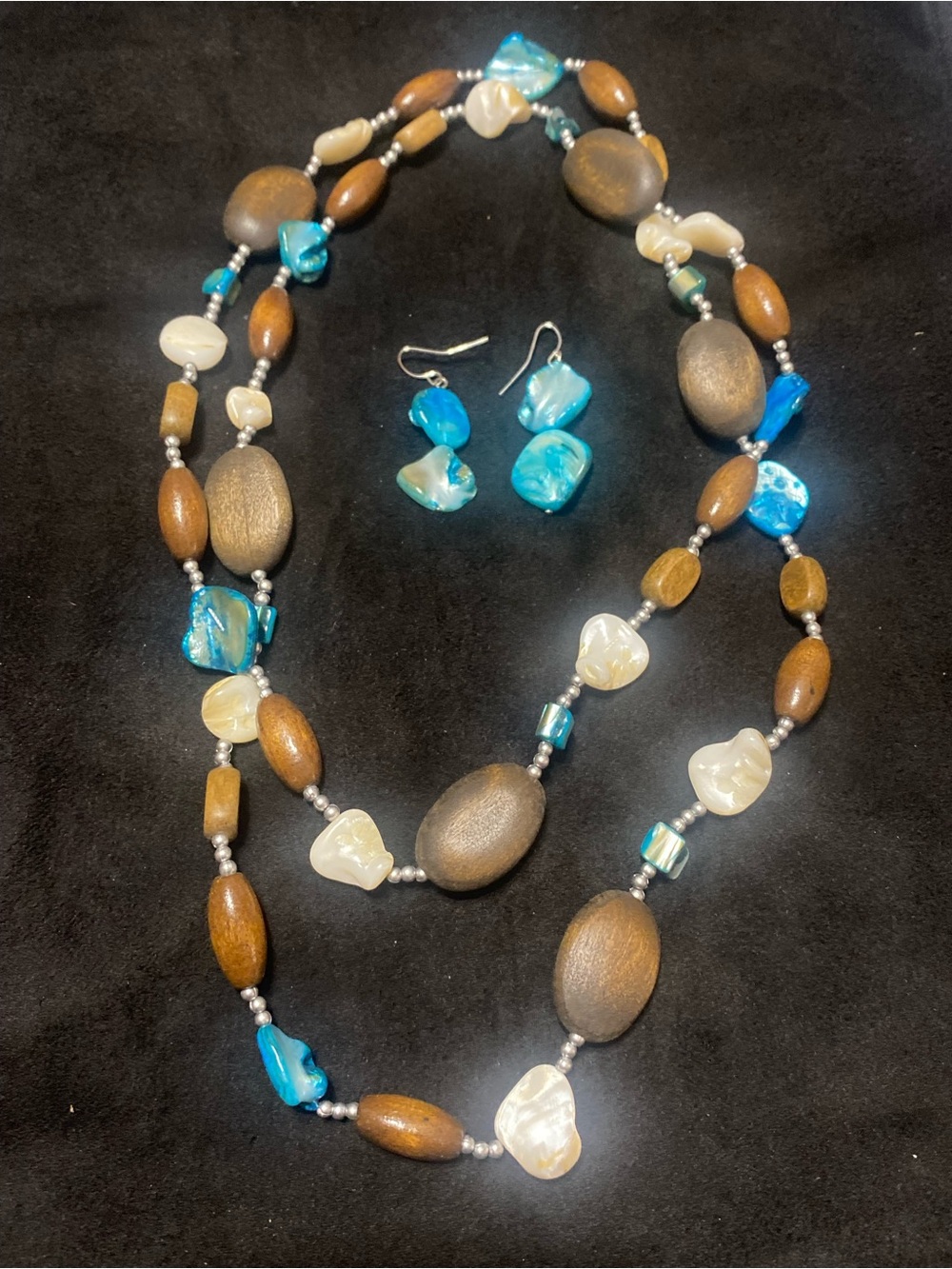 Blue Shell and Natural Wood Bead Necklace & Earring Set -Fashion Jewelry
